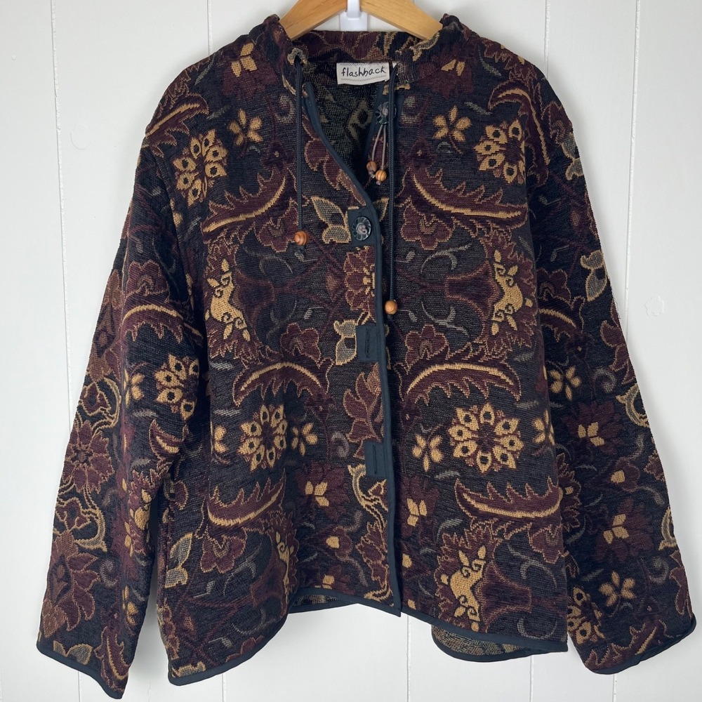 Flashback Womens Jacket 2X Brown Floral Tapestry Toggle Boho Whimsigoth Artsy